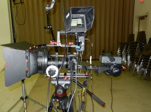 Rig configured for monitor, stereo XLR audio recording and LED lighting