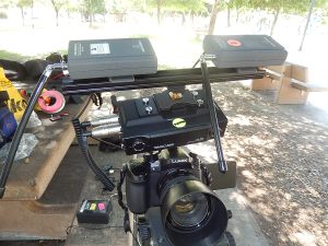 above-camera setup for DR-70D using 12" rail on hot shoe, and 2 wireless Audio Technica mic receivers