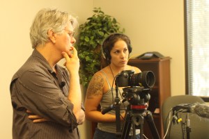 James Garrett monitoring video and Melinda Steffen checking audio at Visalia interview